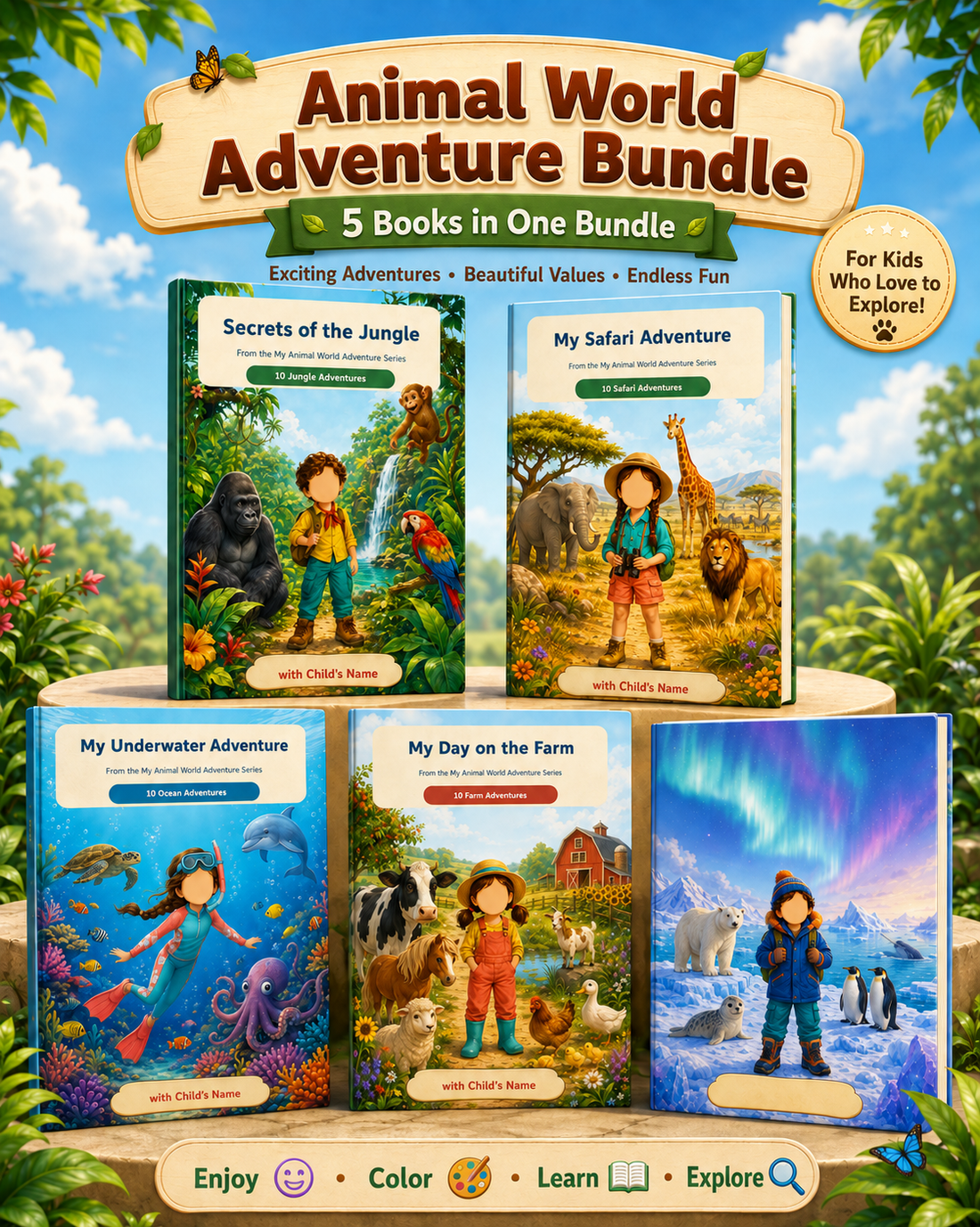 Animal World Adventure Bundle – 5 personalisierte Kinderbücher
